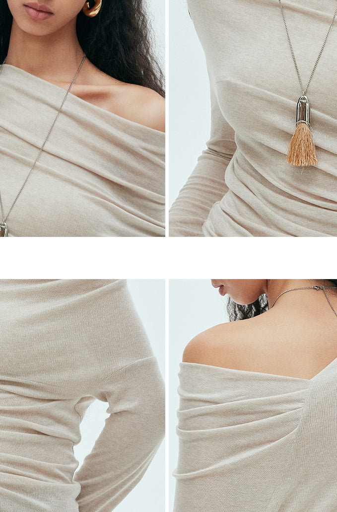 Asymmetrical Pleated Off-Shoulder Tops_BDHL7633