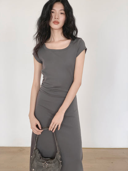 Short Sleeve Slit Slim Dress_BDHL6164