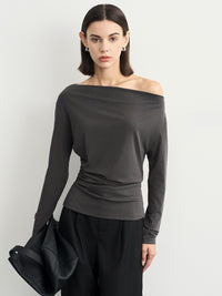 Gray One-Shoulder Pleated Tops_BDHL6539