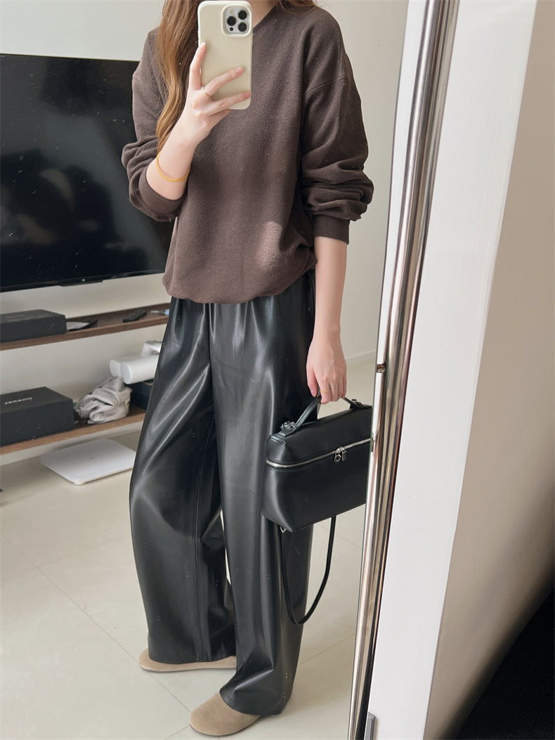 Black PU Leather Straight Pants_BDHL6764