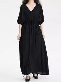 V-Neck Gathered Black Dress_BDHL6241