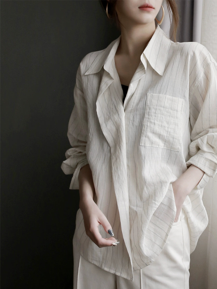 [In Stock/Only 1 Item] Striped Two-Button Relaxed Fit Cardigan Shirt_LCHK356