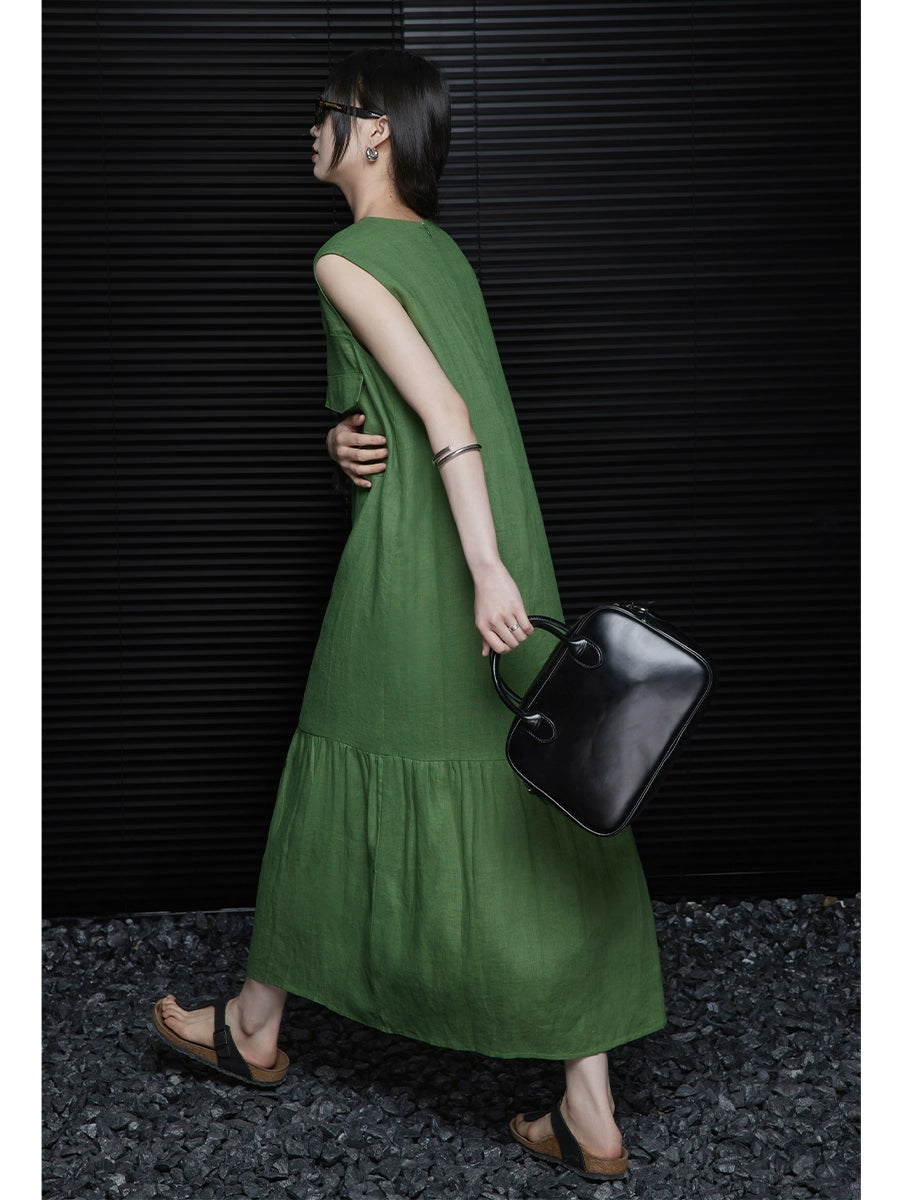 Linen sleeveless relaxed green dress_BDHL5907