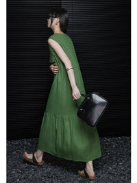 Linen sleeveless relaxed green dress_BDHL5907