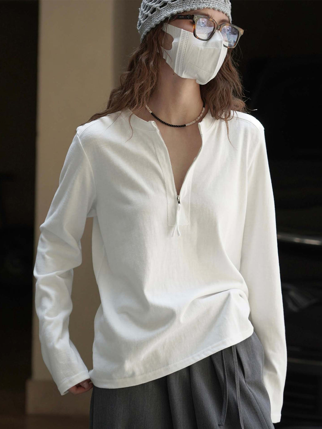 Simple Half-Zip Long-Sleeved Tops_BDHL7776