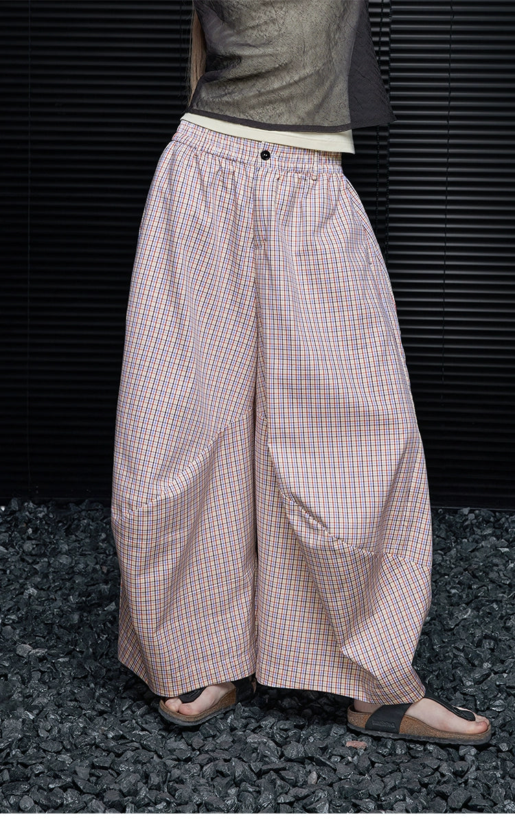 Pink Check Cotton Loose Wide-leg Slacks Pants_BDHL7638