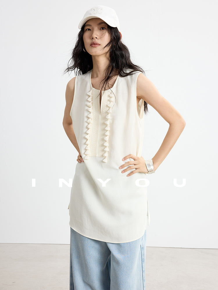 Fringe V-Neck Sleeveless Tops_BDHL7652