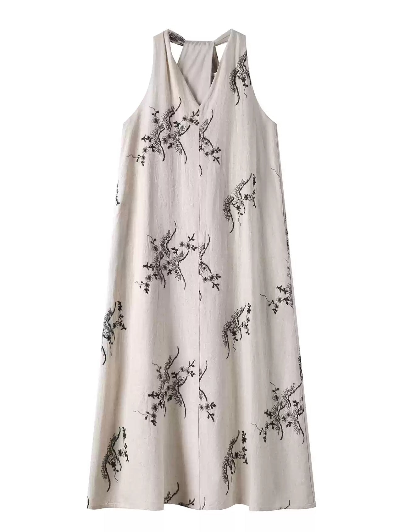 Embroidered V-Neck Sleeveless Dress_BDHL7236