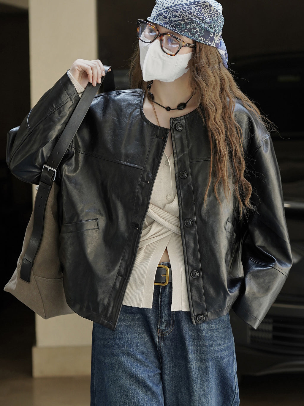 Collarless Leather Jacket_BDHL7771