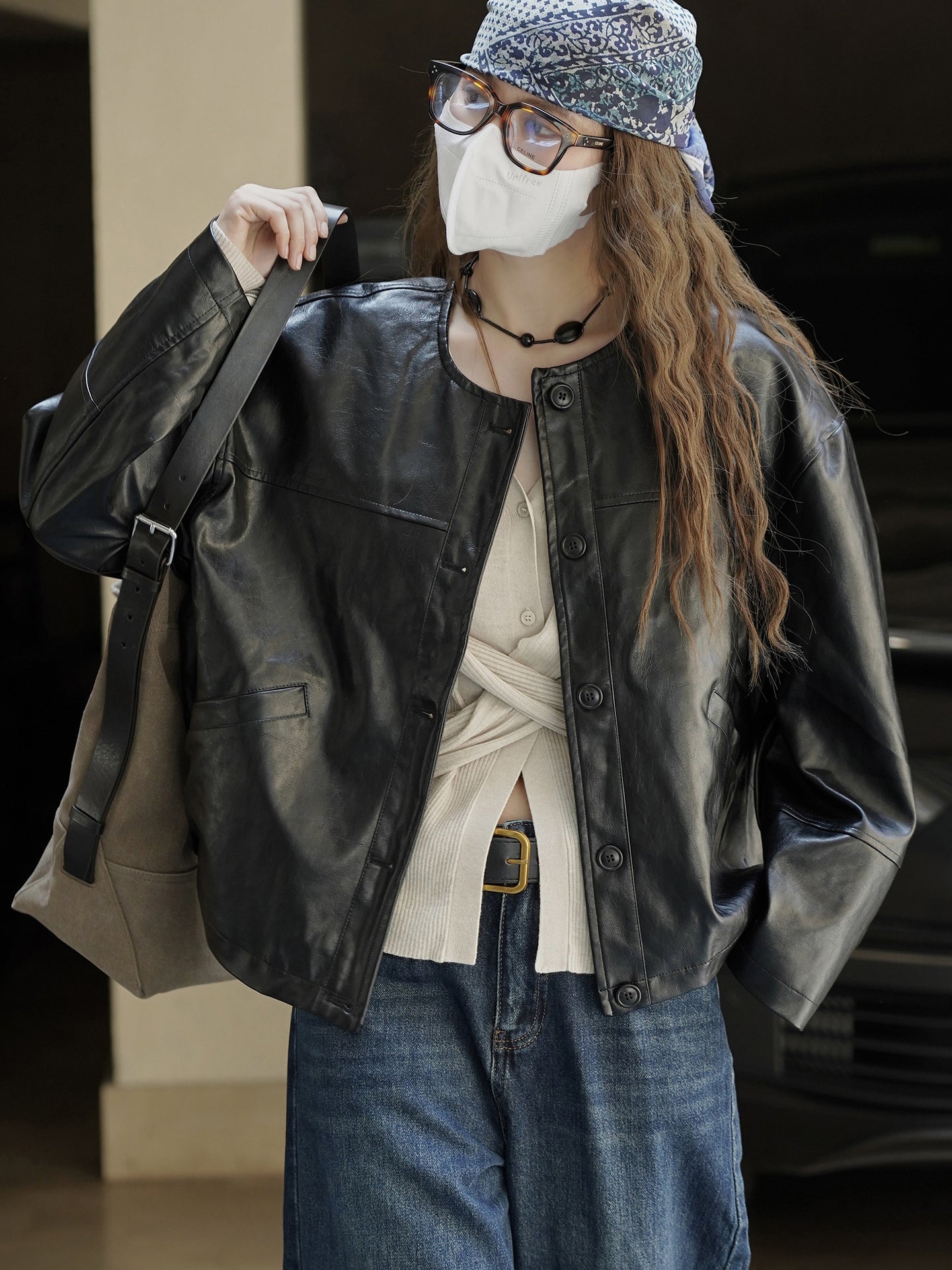Collarless Leather Jacket_BDHL7771