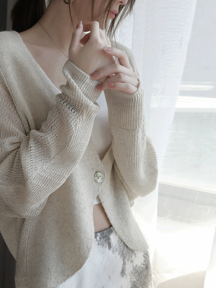 French V-Neck Linen-Blend Knit Cardigan_BDHL7291