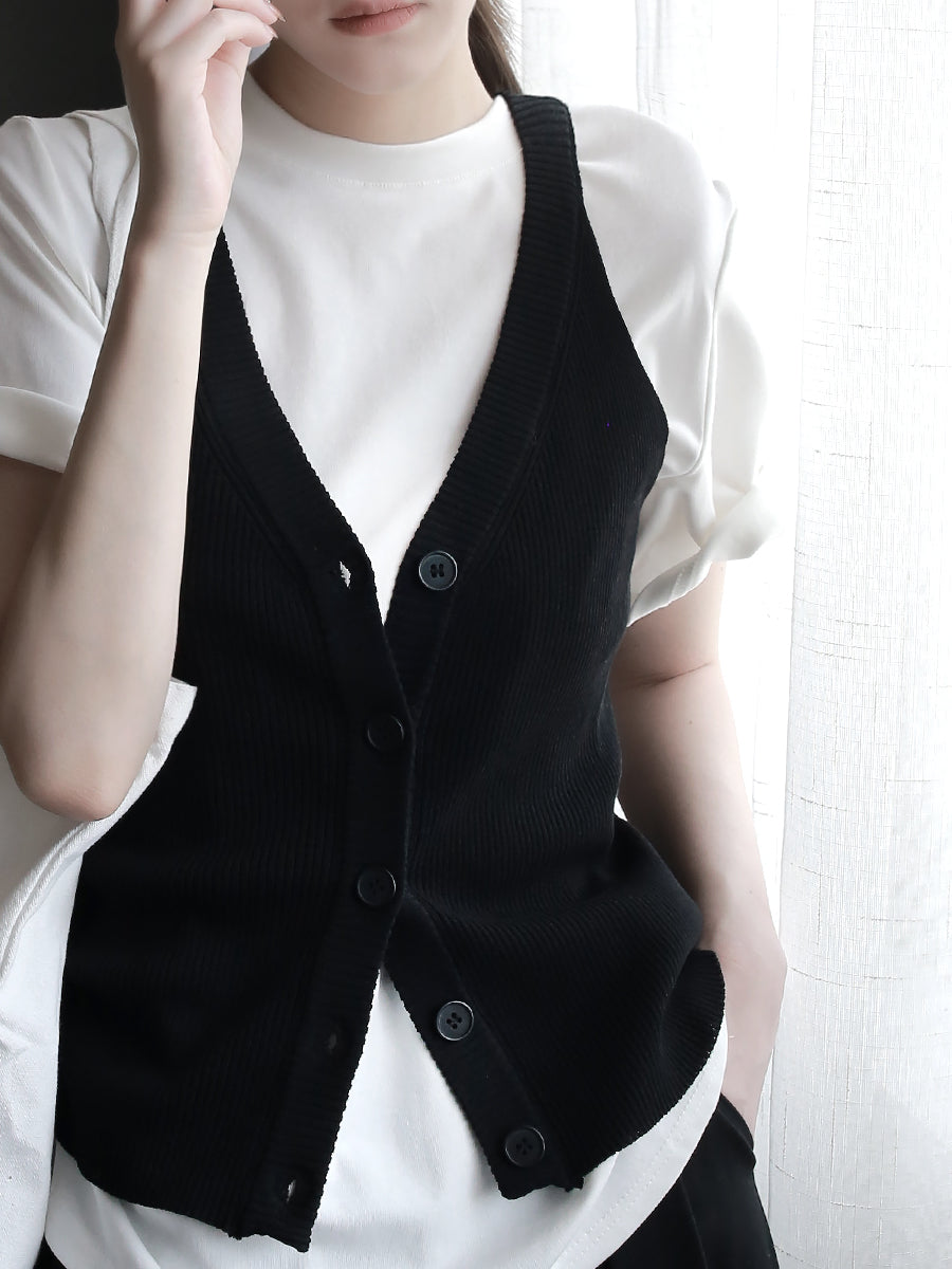 V-Neck Knit Sleeveless Tops_BDHL7574
