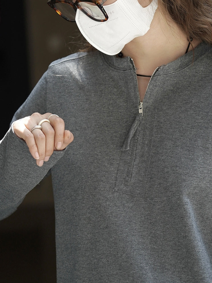 Simple Half-Zip Long-Sleeved Tops_BDHL7776
