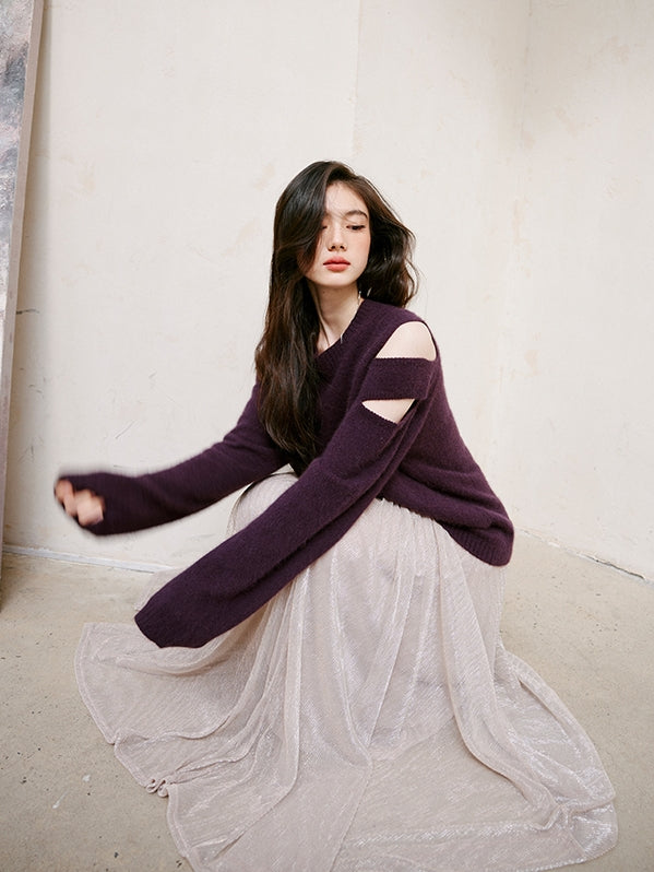 Purple Shoulder Cut-out Sweater_BDHL6746