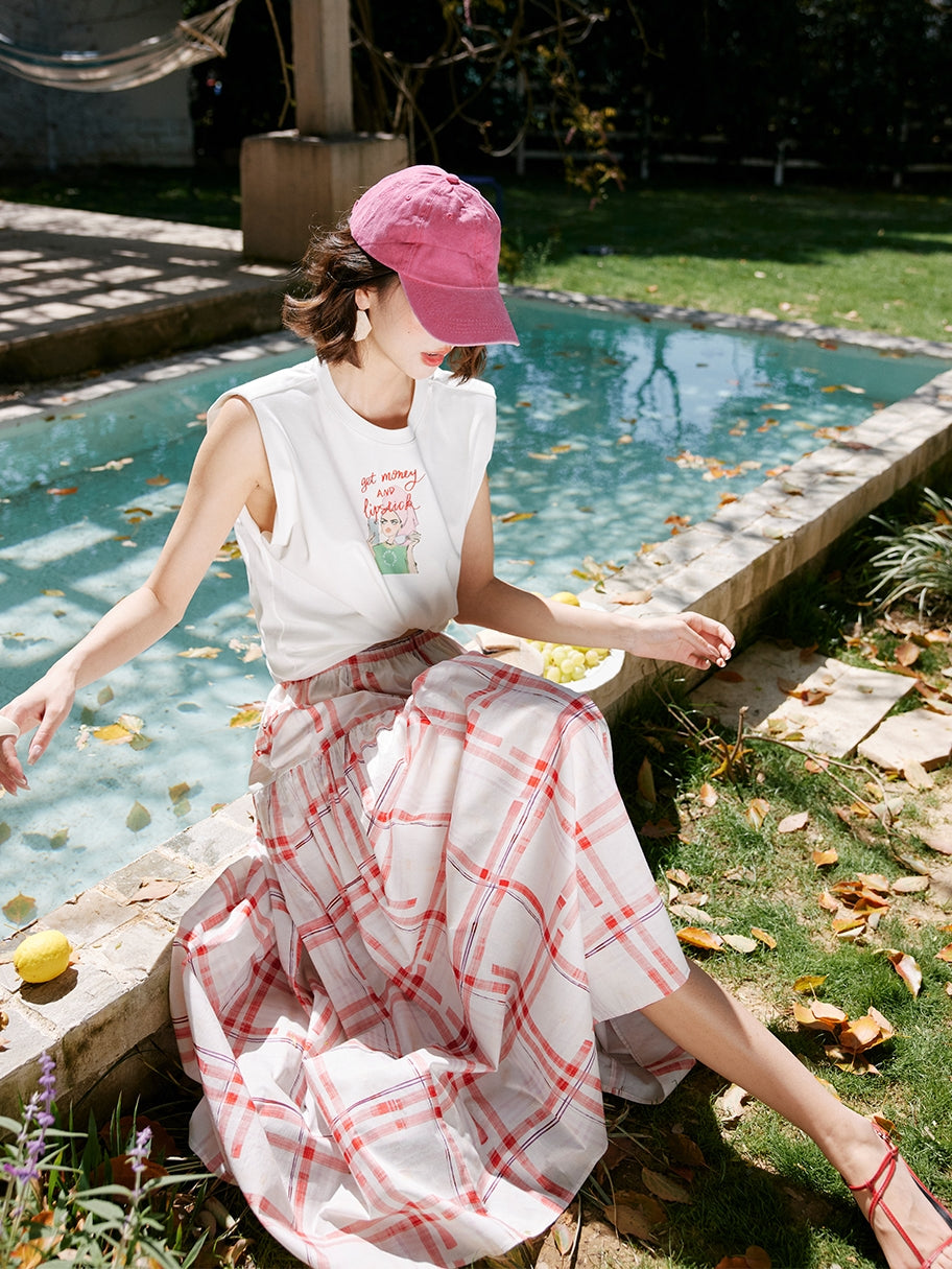 Red Chequered Swing Skirt_BDHL7473