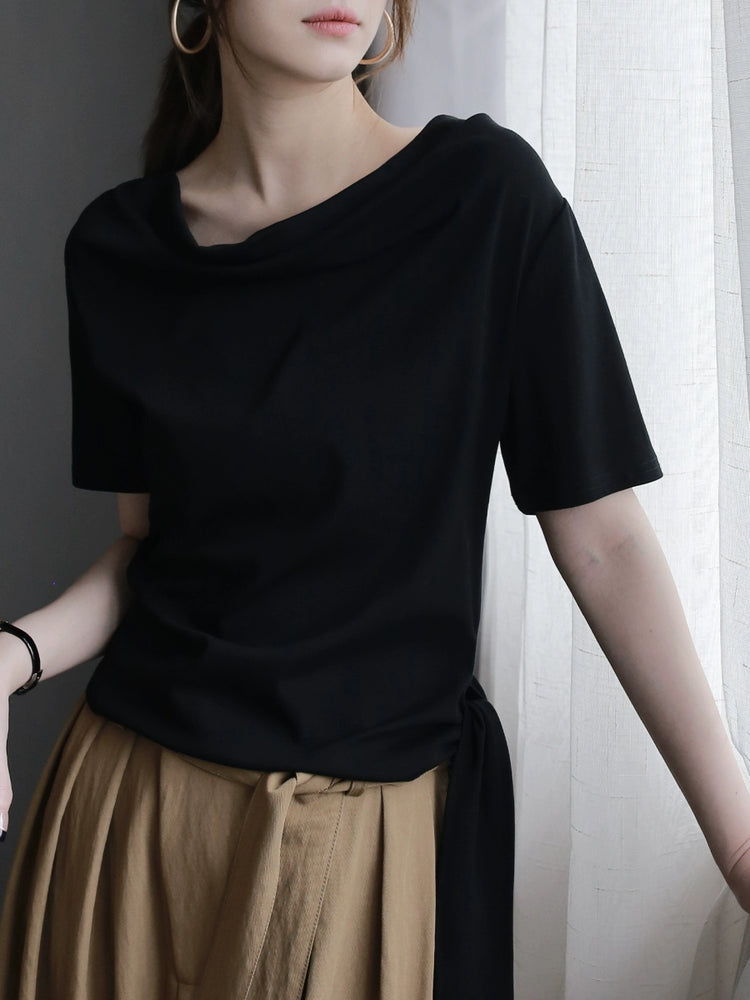 Swing Collar Side Lace Tencel Short Sleeve T-Shirt_BDHL7300