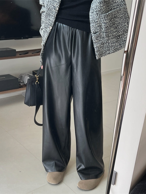 Black PU Leather Straight Pants_BDHL6764