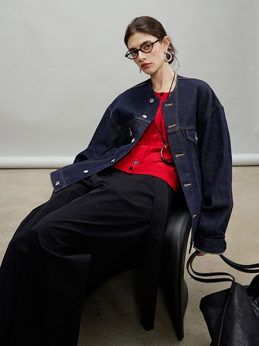 Retro Collarless Denim Jacket_BDHL7197