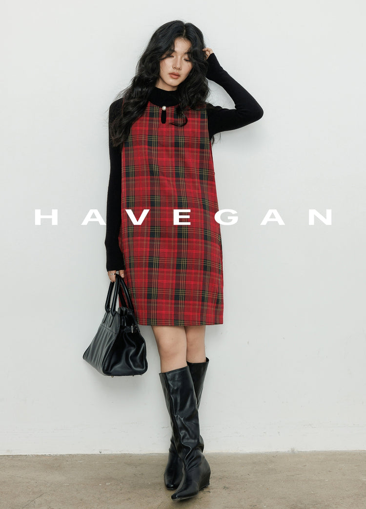 Plaid Red Sleeveless A-Line Dress_BDHL7061