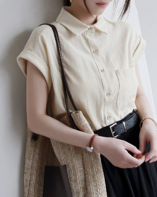 Simple Cow-Ear Sleeve Short-Sleeve Blouse_BDHL7292
