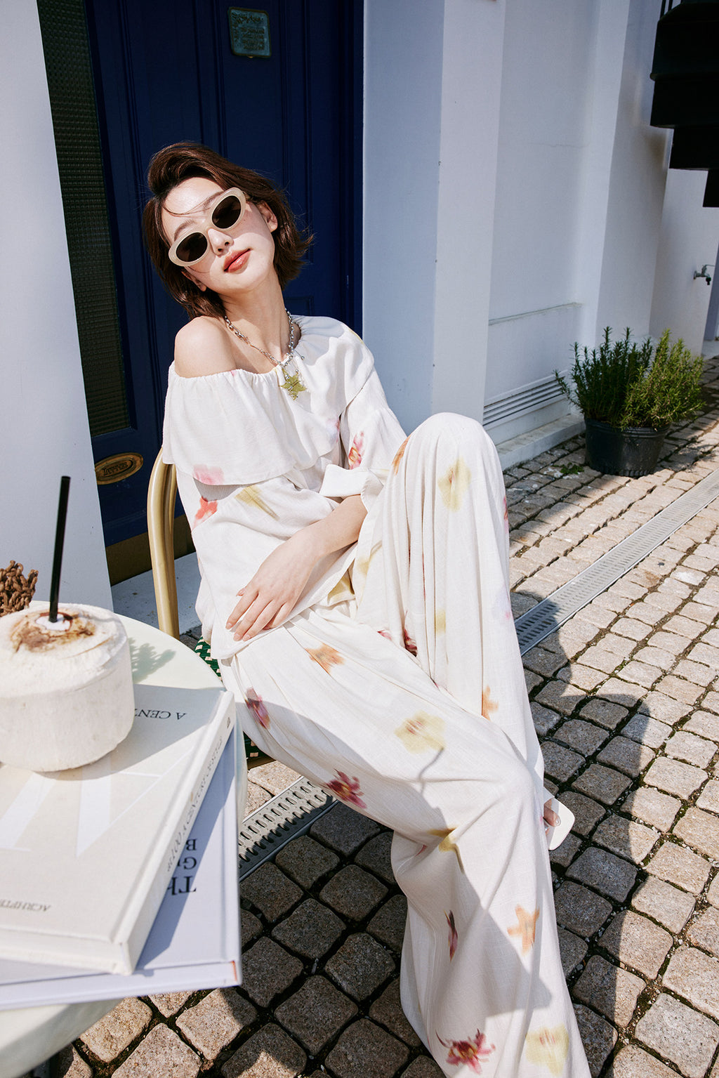 Floral Print Off-Shoulder Top or Wide-leg Pants_BDHL8234