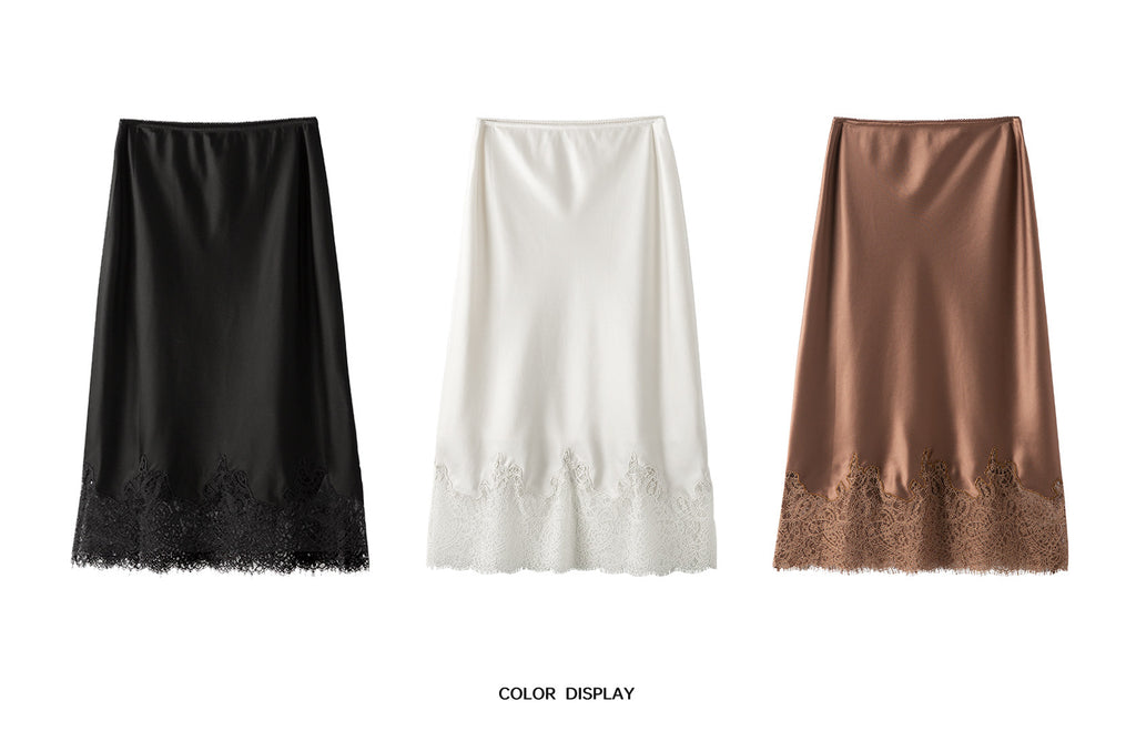 Acetate Satin Lace-Hem Midi Skirt_BDHL8330
