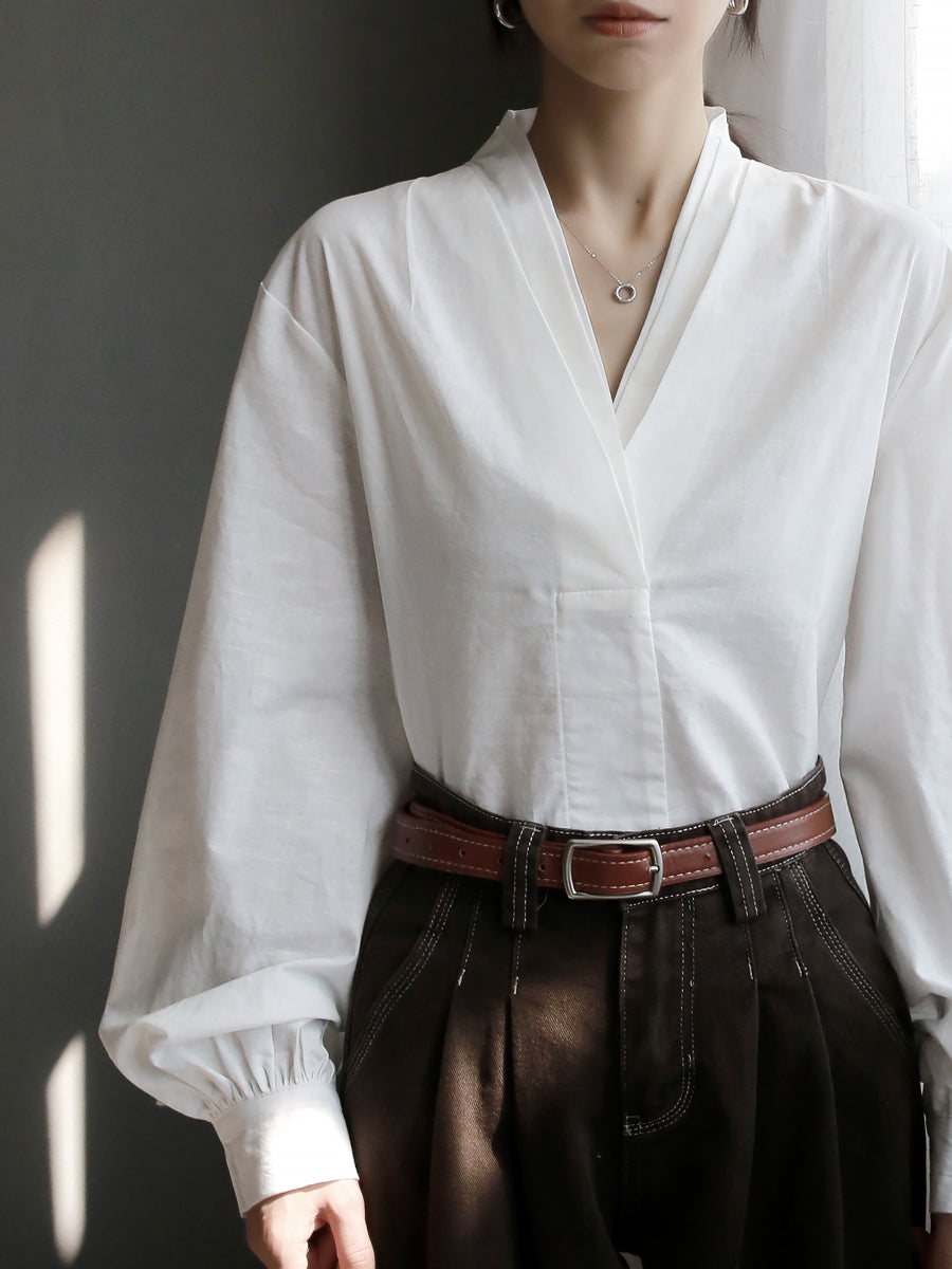 V-Neck Lantern Sleeve Tops_BDHL7914