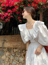 V-Neck Voluminous Sleeves Ruffle Dress_BDHL6171