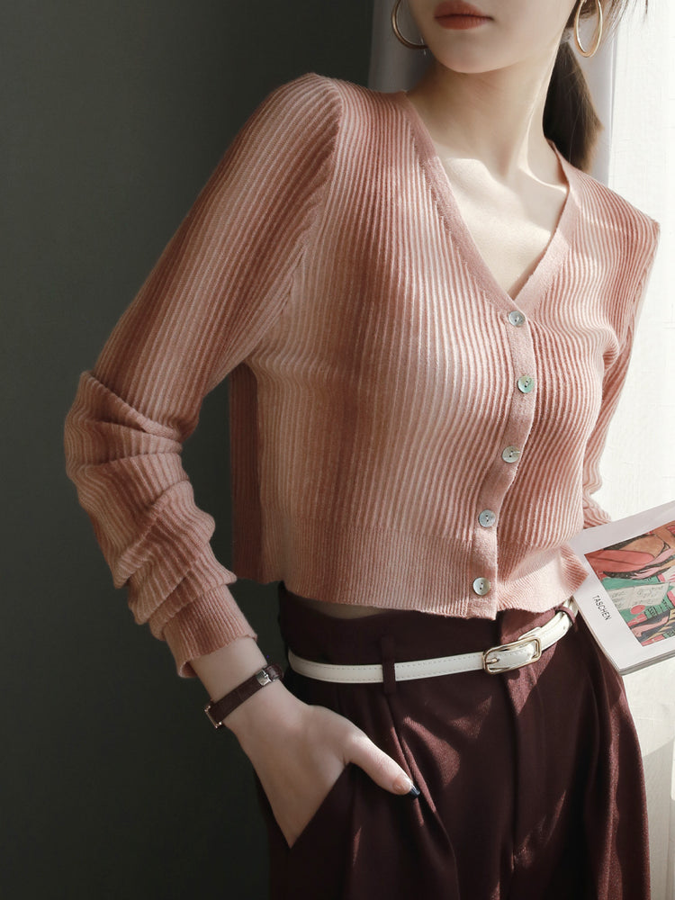 V-neck Gradient Colour Cardigan_BDHL7022