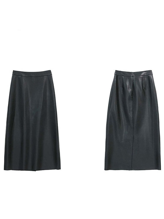 PU Leather Back Slit Skirt_BDHL6766