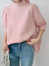 Lantern Sleeve Bow Tie Tops_BDHL7218