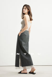 Side Slit Layered Straight Skirt_BDHL6980