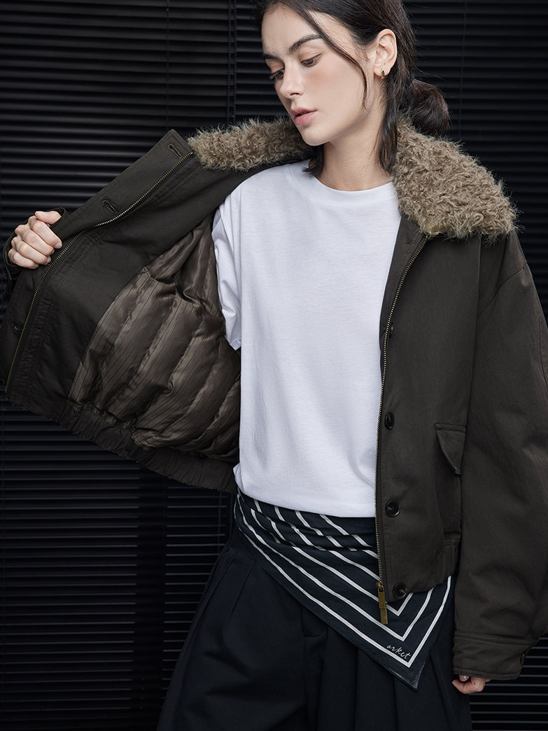 Loose-Fit Fur-Collar Brown Jacket_BDHL7867