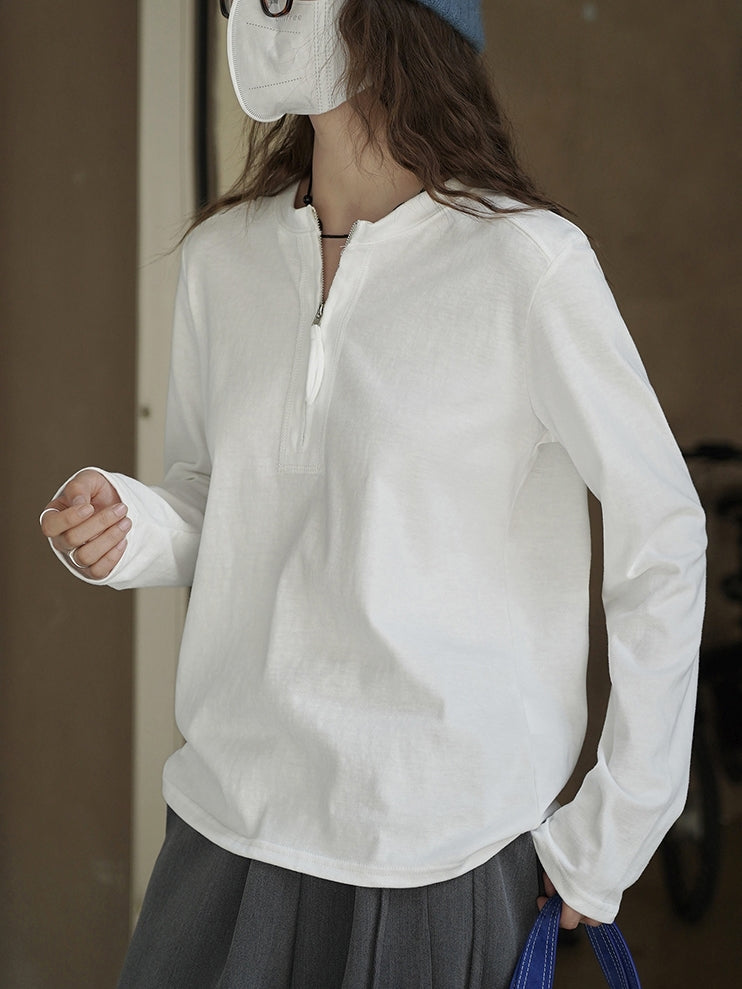 Simple Half-Zip Long-Sleeved Tops_BDHL7776