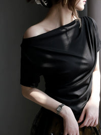 Swing Collar Side Lace Tencel Short Sleeve T-Shirt_BDHL7300