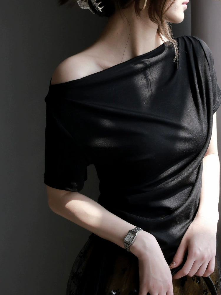 Swing Collar Side Lace Tencel Short Sleeve T-Shirt_BDHL7300