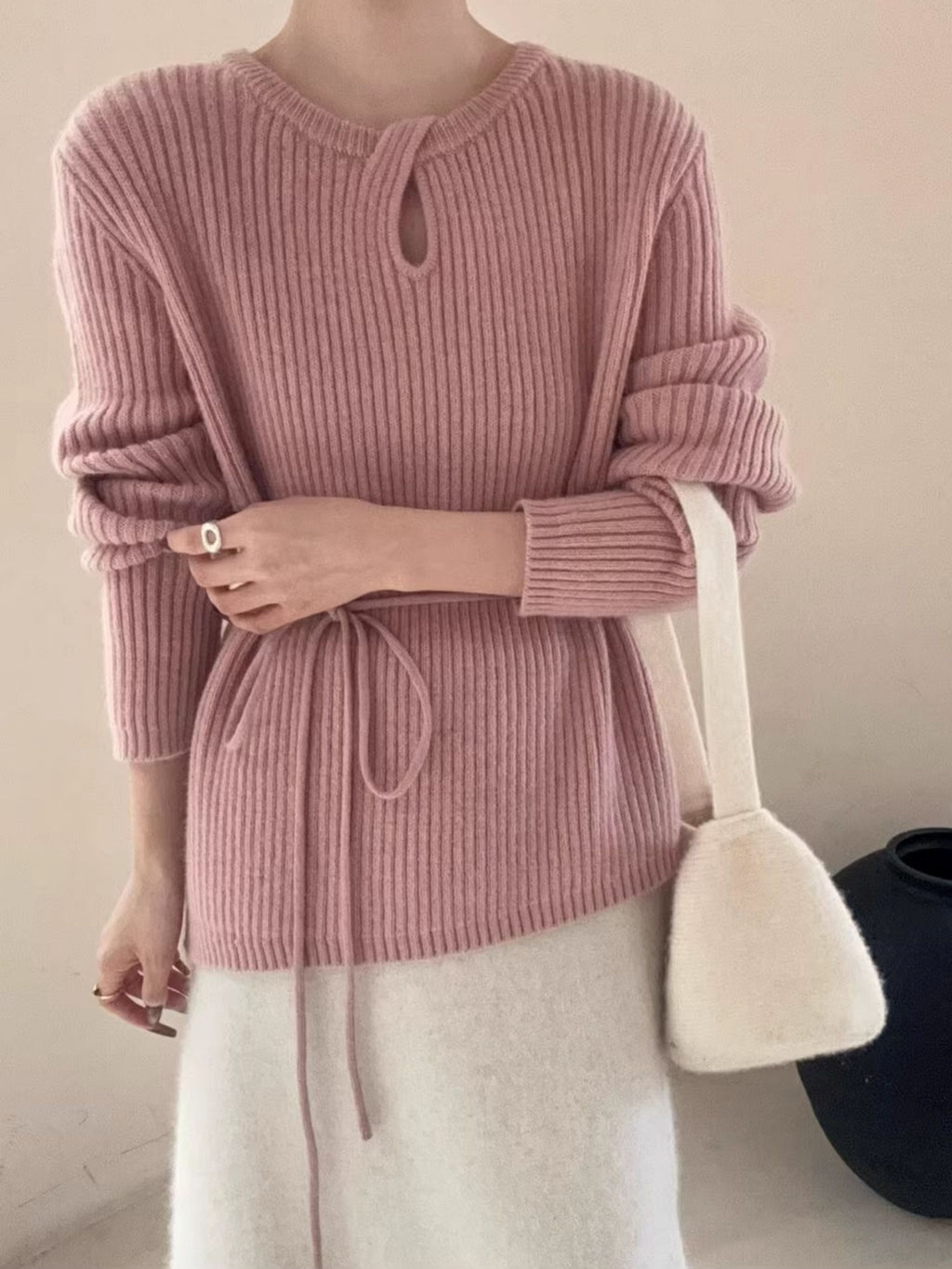 Waist Drawstring Rib-Knit Tops_BDHL8018