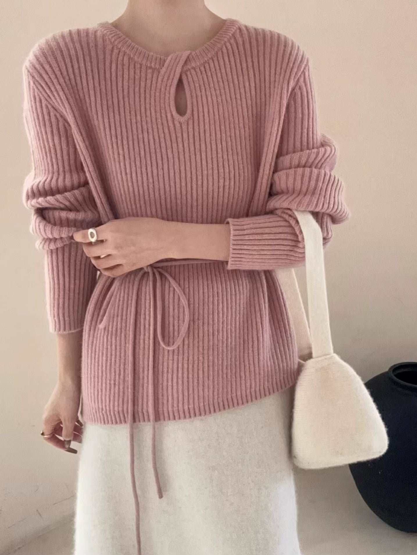 Waist Drawstring Rib-Knit Tops_BDHL8018