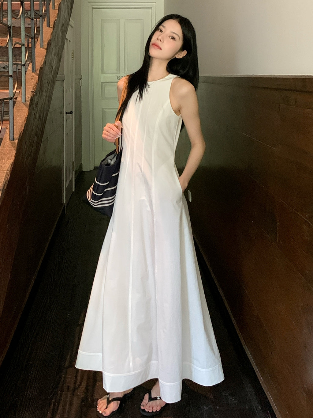 Tucks Long White Dress_BDHL7551