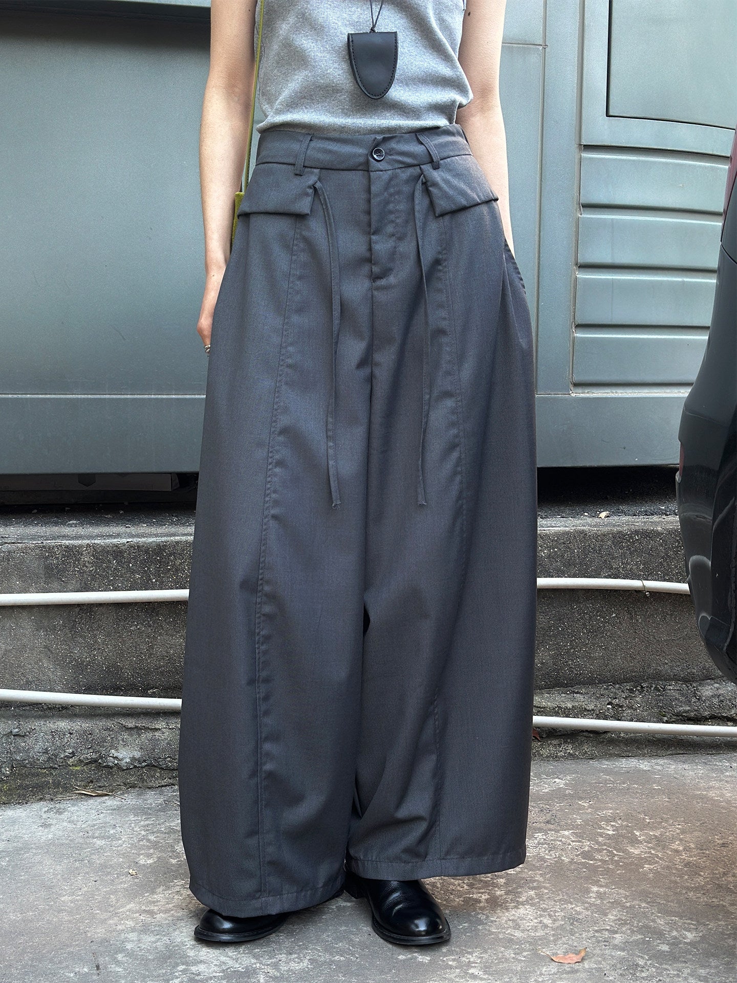 Double Layered Drawstring Wide Leg Drape Pants_BDHL8261