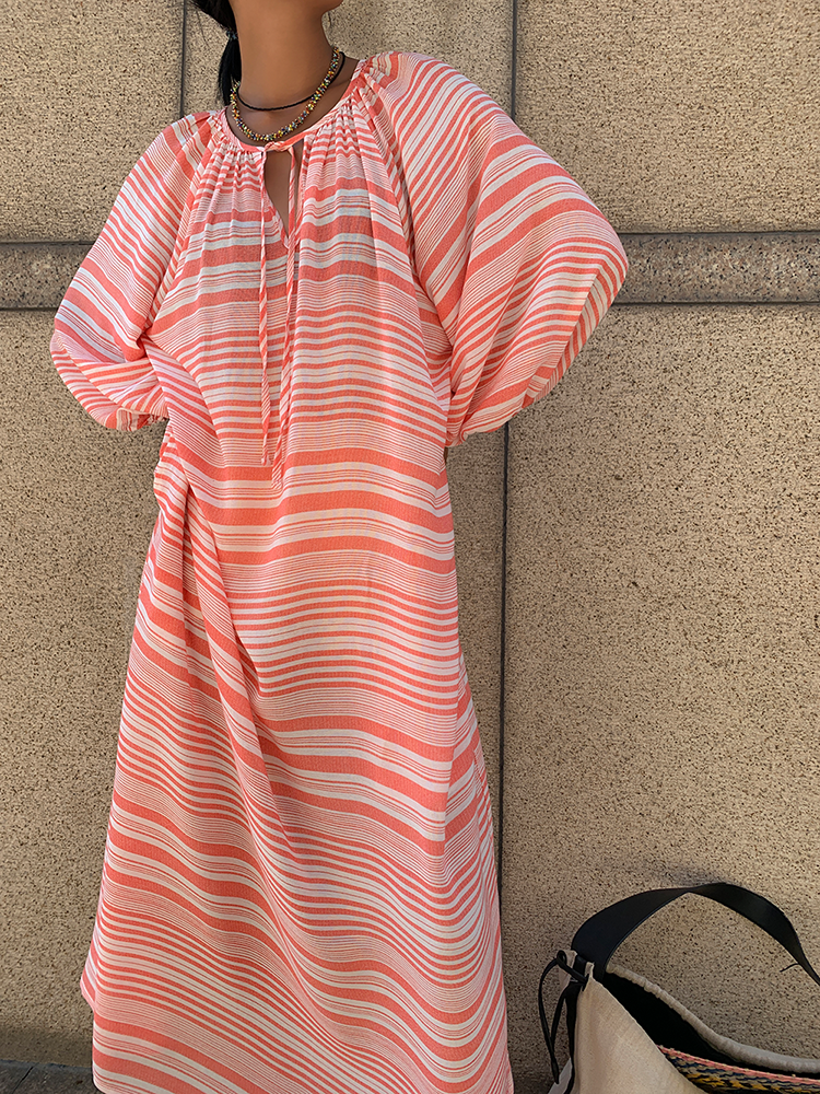 Striped Thin Puff-Sleeved Dress_BDHL6129