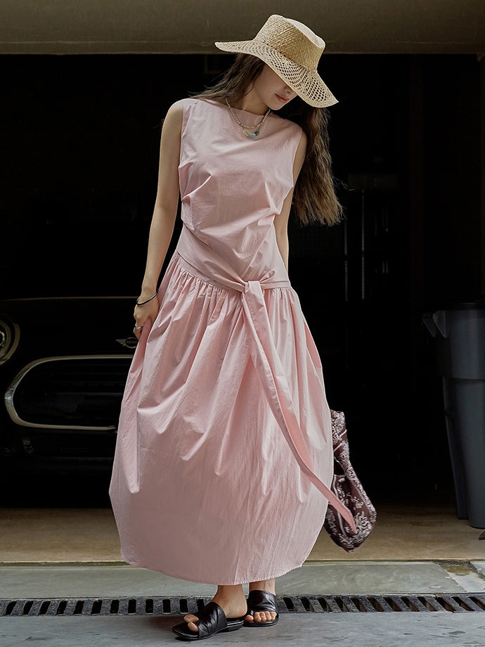 Pleated Strap Sleeveless Dress_BDHL7532