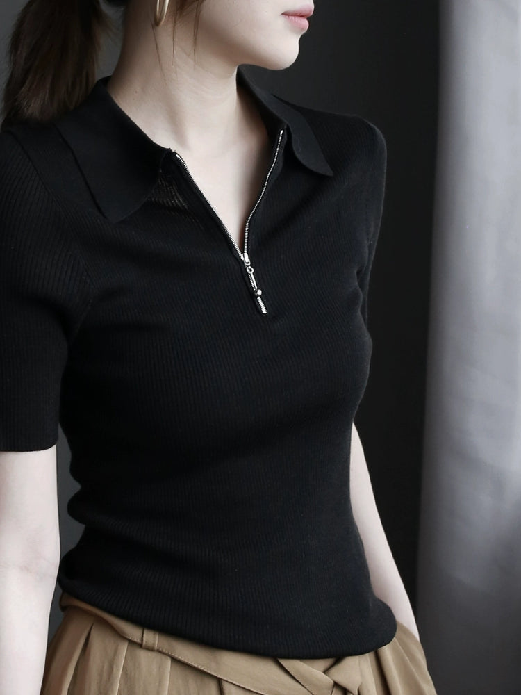 Lyocell Acetate Half-Zip Polo Knit Top_BDHL7302