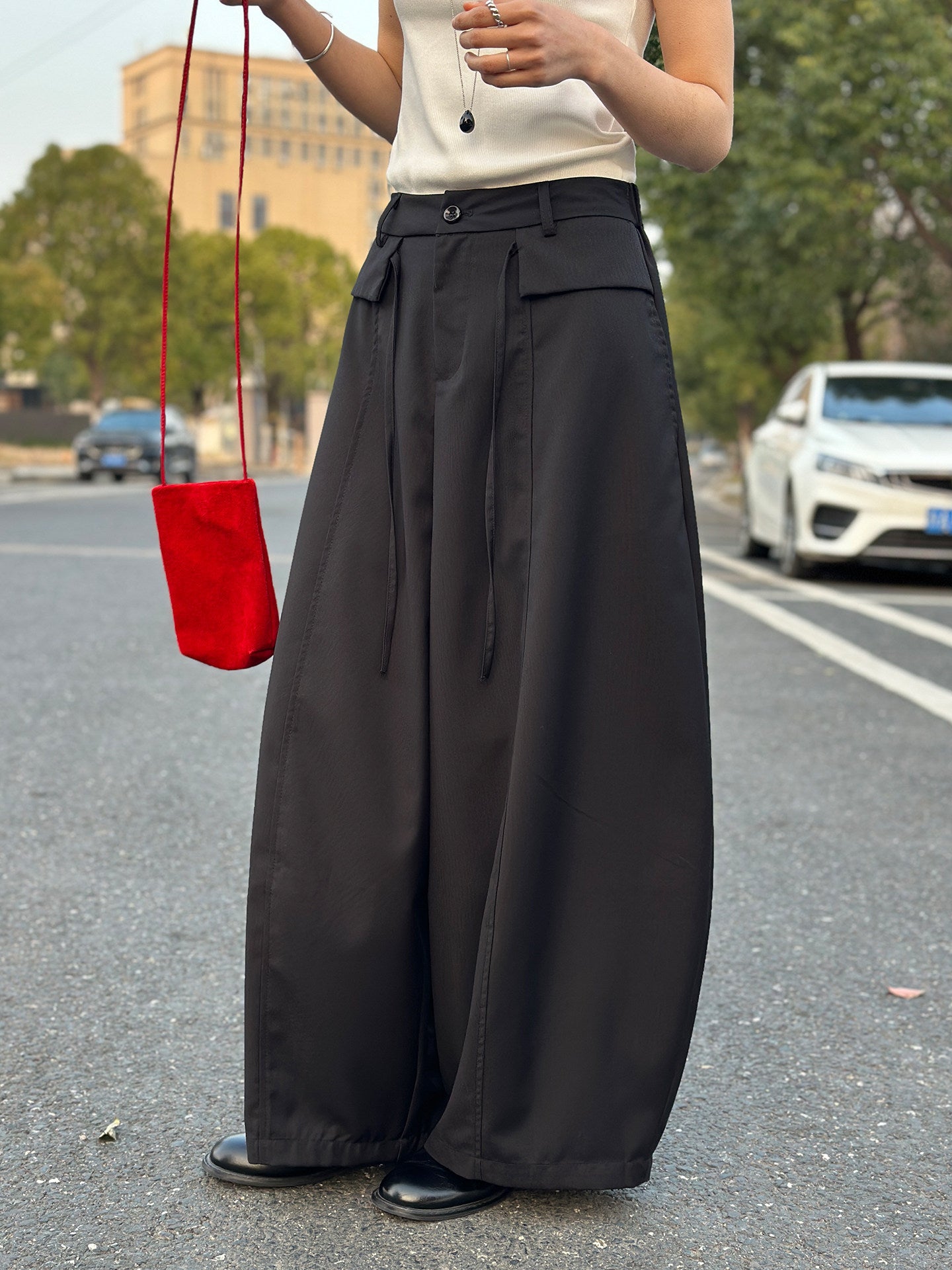 Double Layered Drawstring Wide Leg Drape Pants_BDHL8261