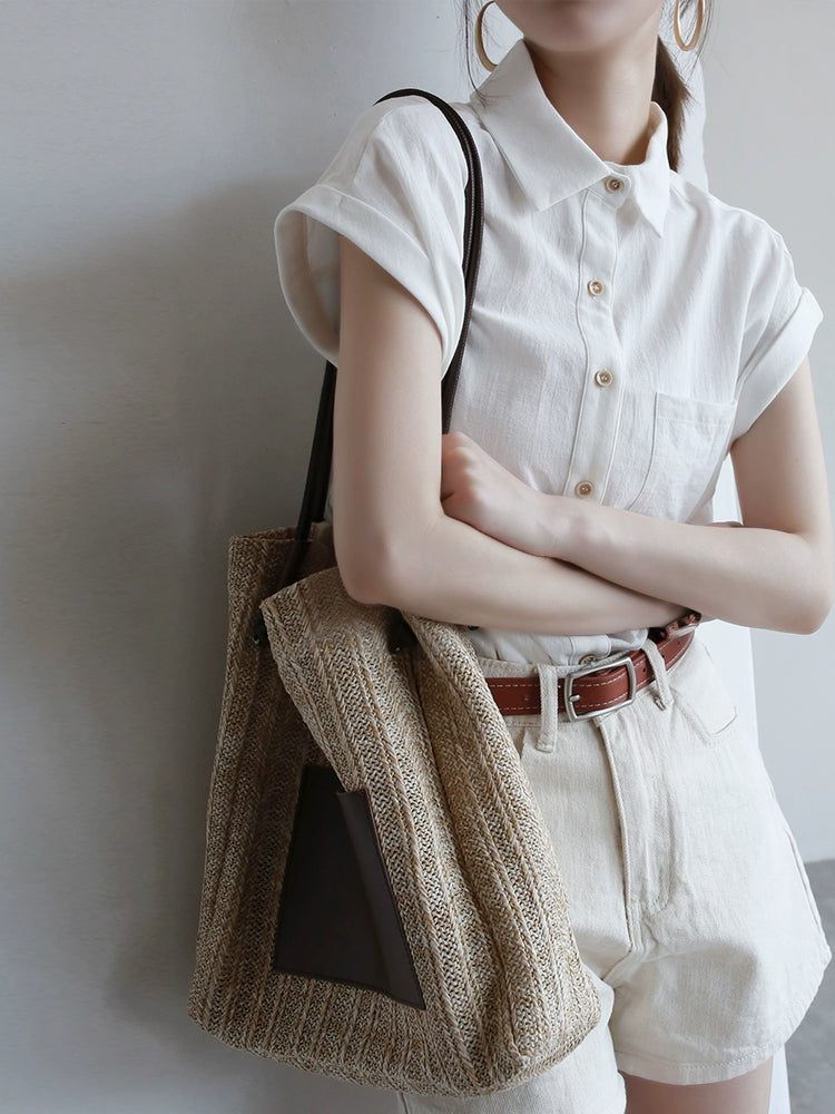 Simple Cow-Ear Sleeve Short-Sleeve Blouse_BDHL7292