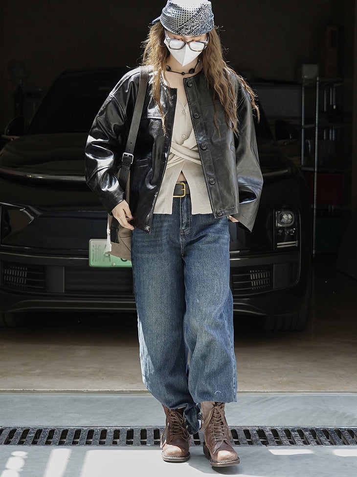 Collarless Leather Jacket_BDHL7771