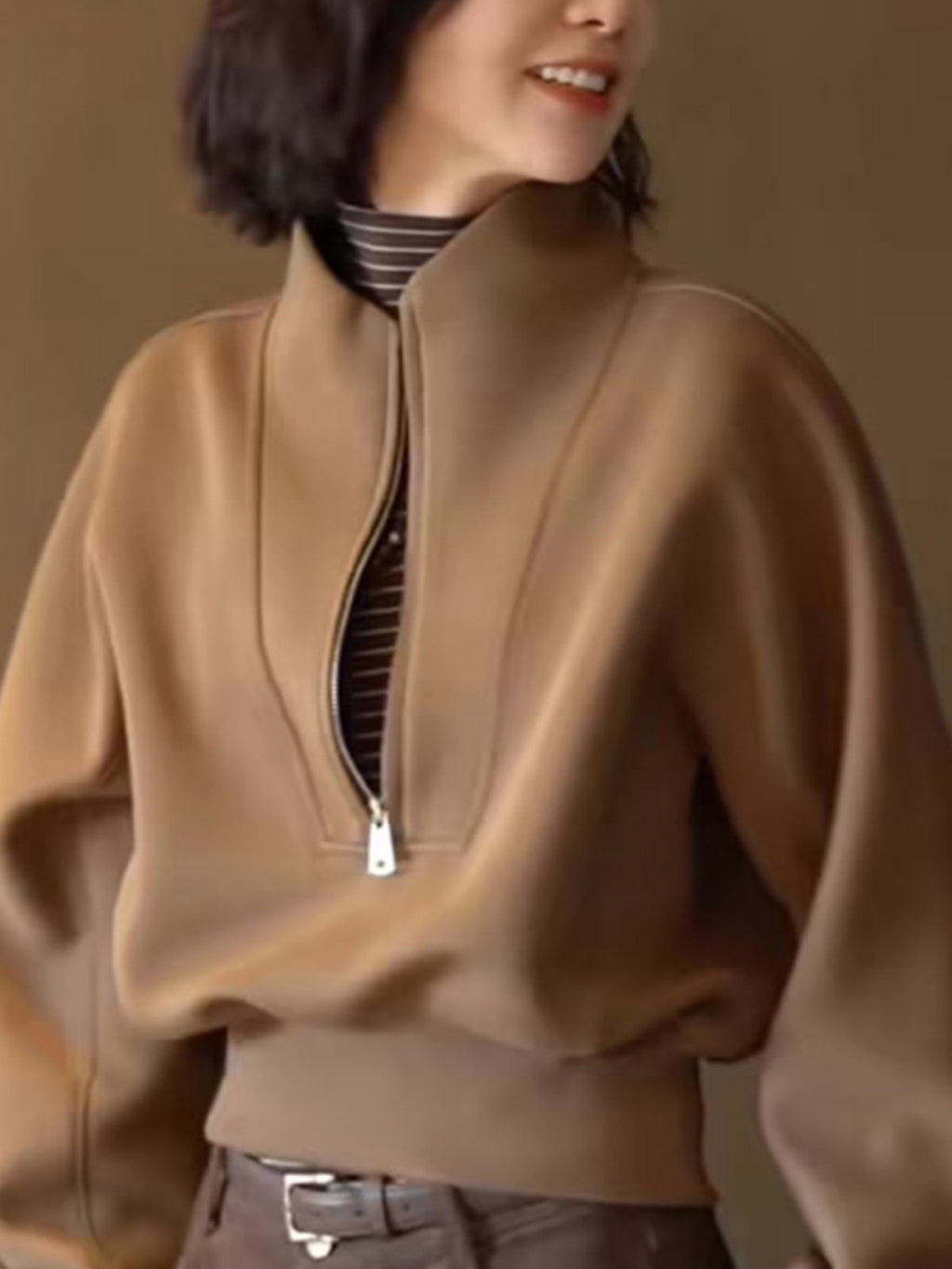 Brown Half-Zip Sweatshirt Tops_BDHL8041