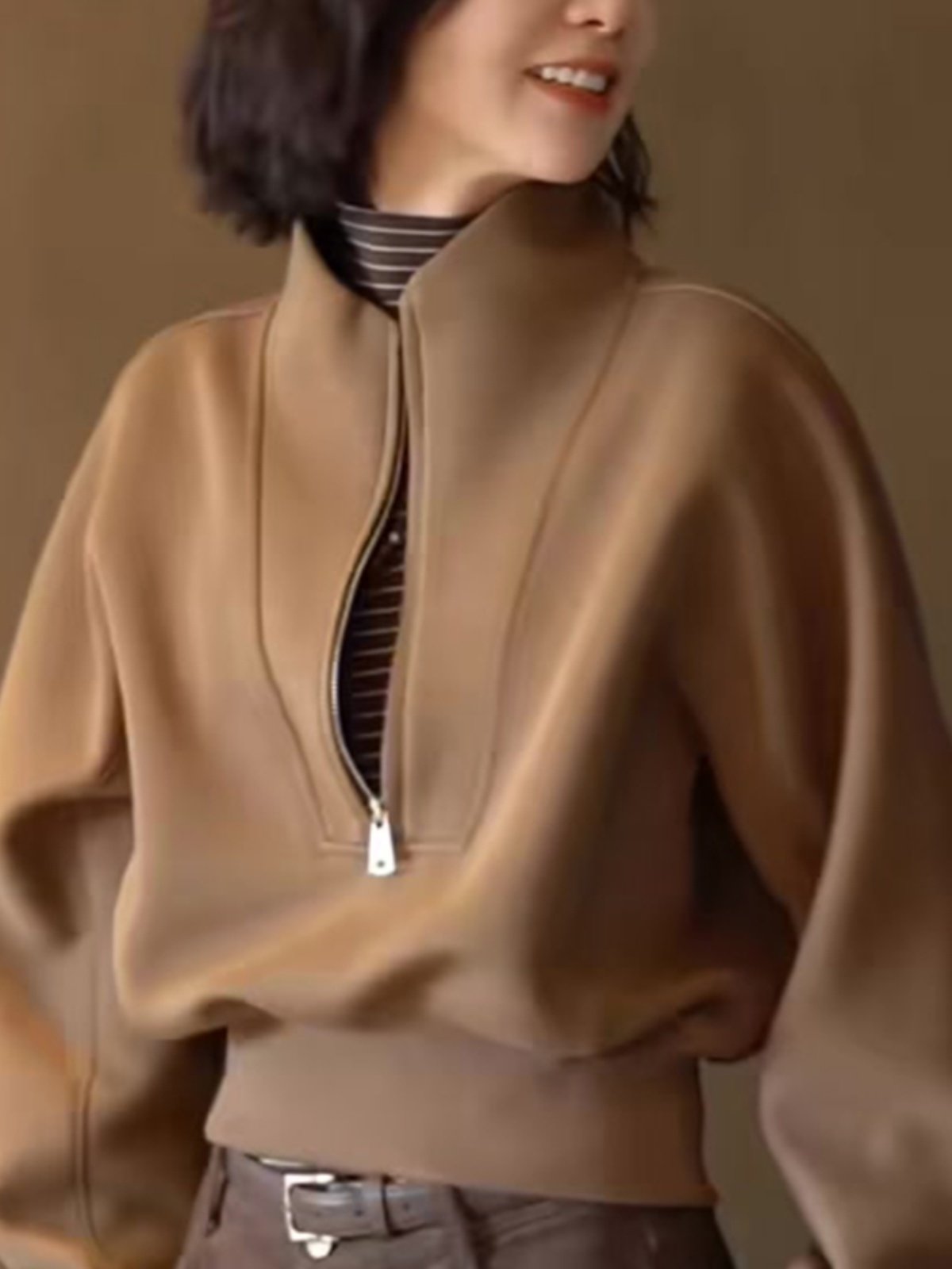 Brown Half-Zip Sweatshirt Tops_BDHL8041