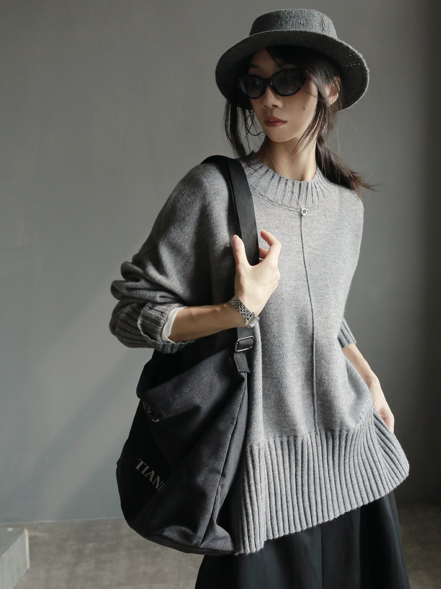 Crew-Neck Loose-Hem Knit Tops_BDHL7927