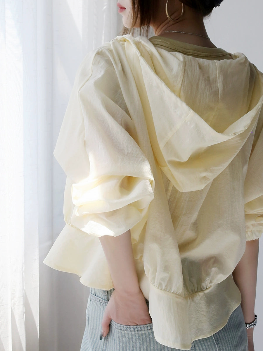 Loose Fit Hooded UV Jacket with Ruffle Waist_BDHL7307